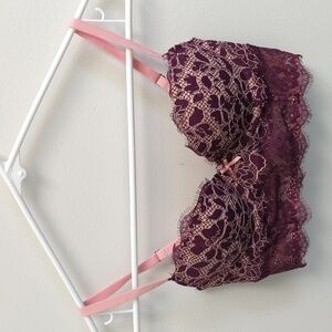 Victoria's Secret Dream Angels Padded Demi Burgundy & Pink Lace Bra Size 32C